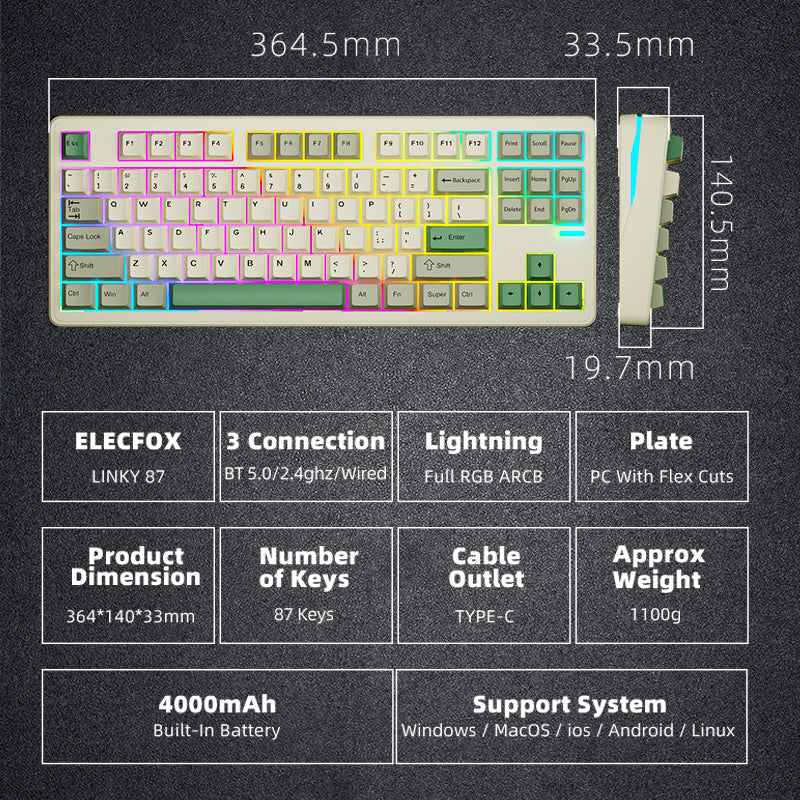 LINKY 87 TKL Customized Mechanical Keyboard 87 Keys Wired & Wireless Bluetooth LED Gaming Keyboard